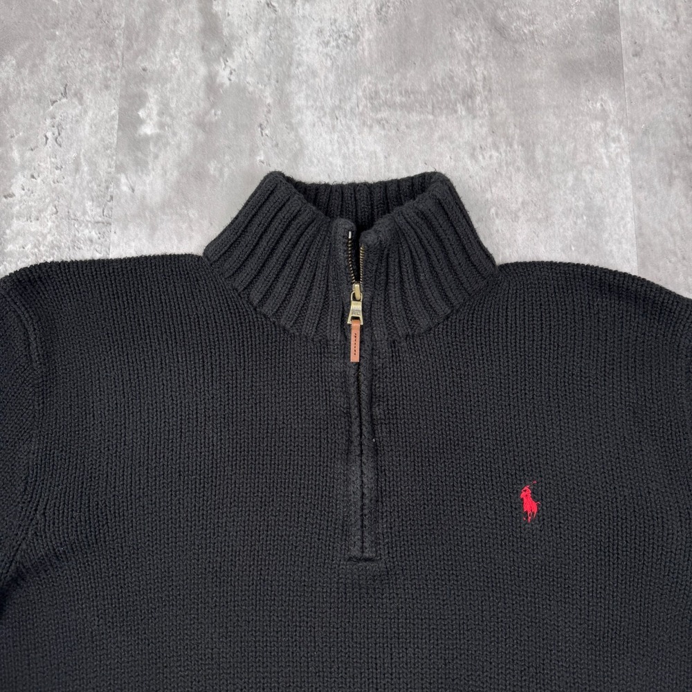 Polo Ralph Lauren Sweater Mens XL Black Cotton 1/4 Zip Mock Neck Knit Pullover - Picture 2 of 7